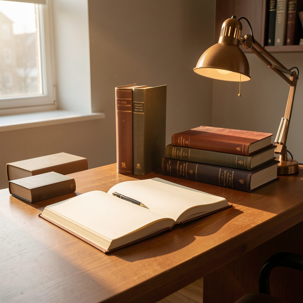 Kalmo Compendium editorial workspace showing a desk with an open notebook, reference books, and a lamp in warm afternoon light