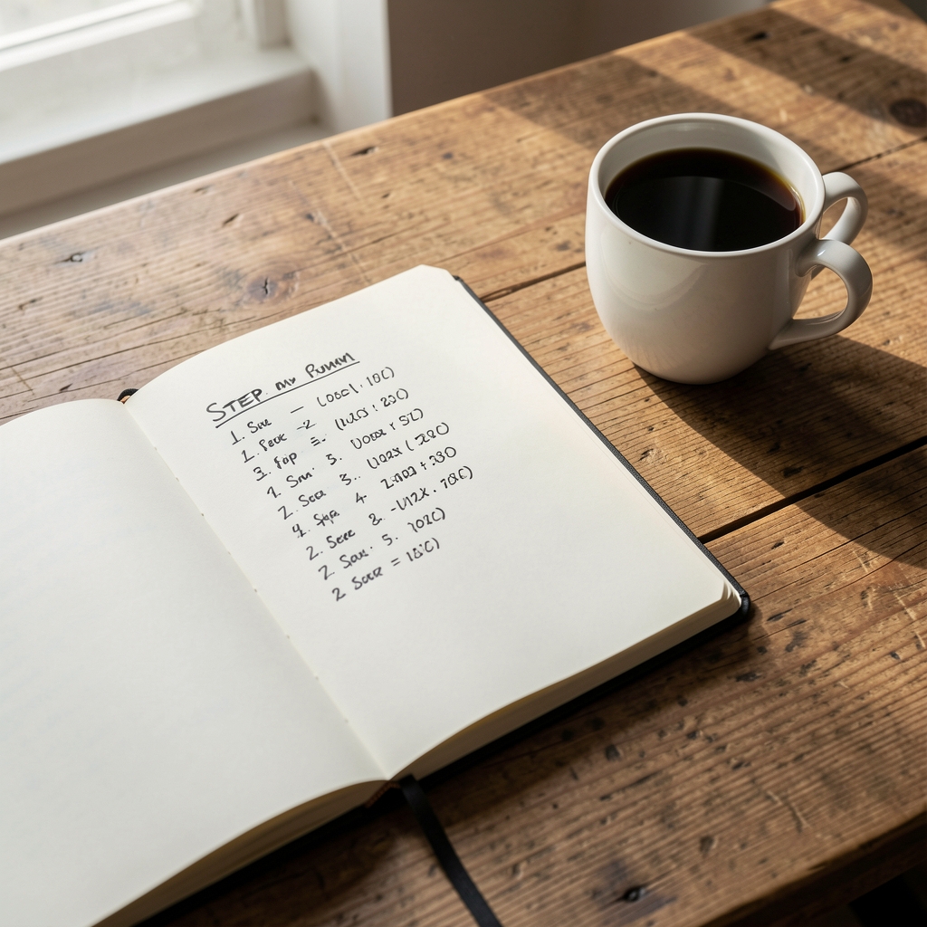 Open notebook with a hand-written step count log on a wooden desk, beside a cup of black coffee, morning light editorial