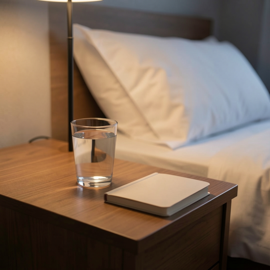 A glass of water and a small journal on a bedside table in low evening light, minimal editorial composition