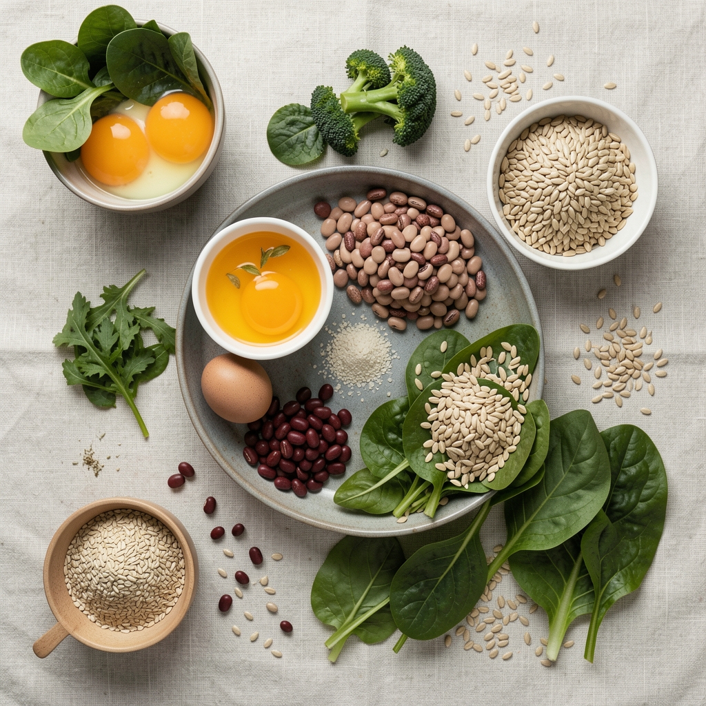 Whole foods arranged on a pale stone surface: eggs, lentils, fish fillet, walnuts and spring onions in natural window light, editorial overhead