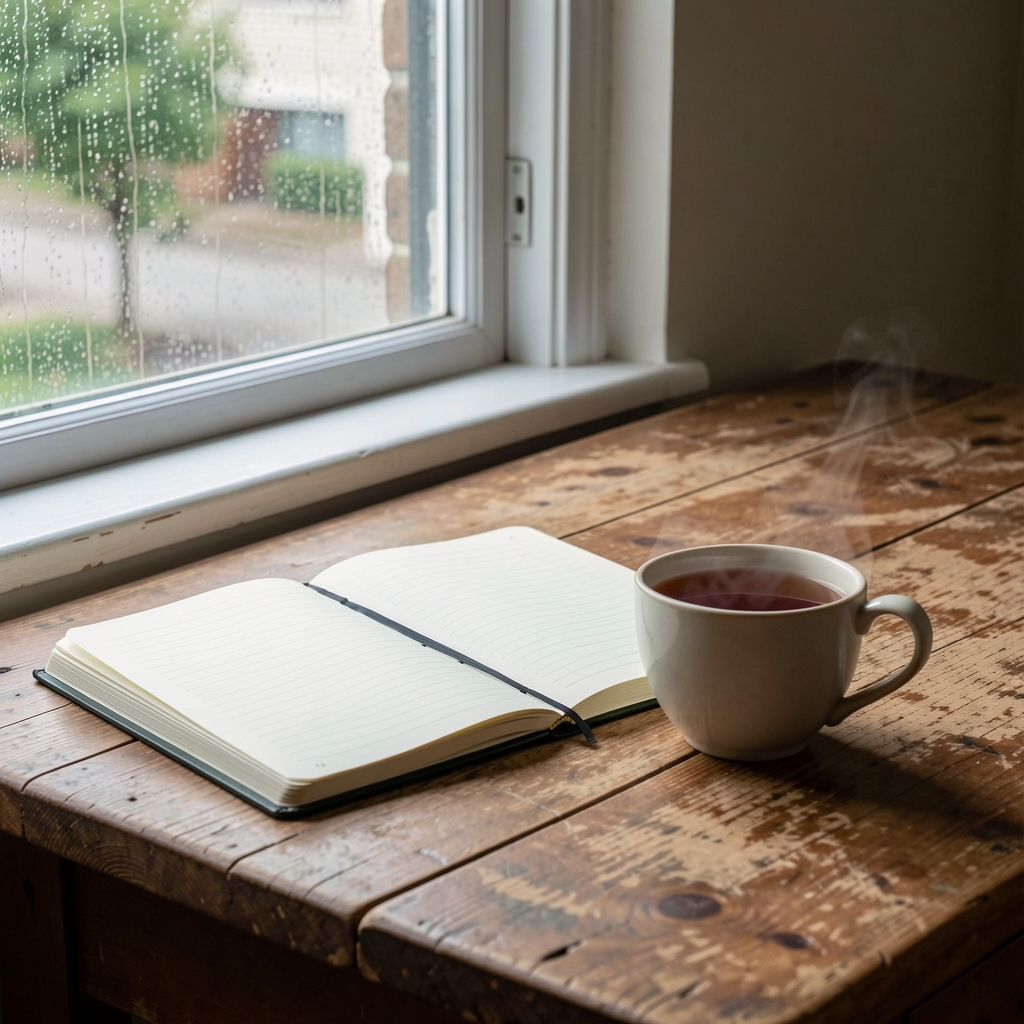 Open notebook and ceramic cup of tea on a worn wooden desk beside a rain-streaked window in natural morning light, editorial still life