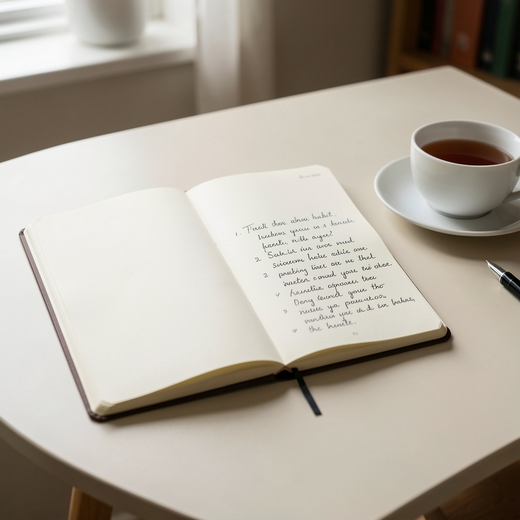 Open notebook on a pale desk with handwritten habit notes beside a cup of tea, editorial natural light